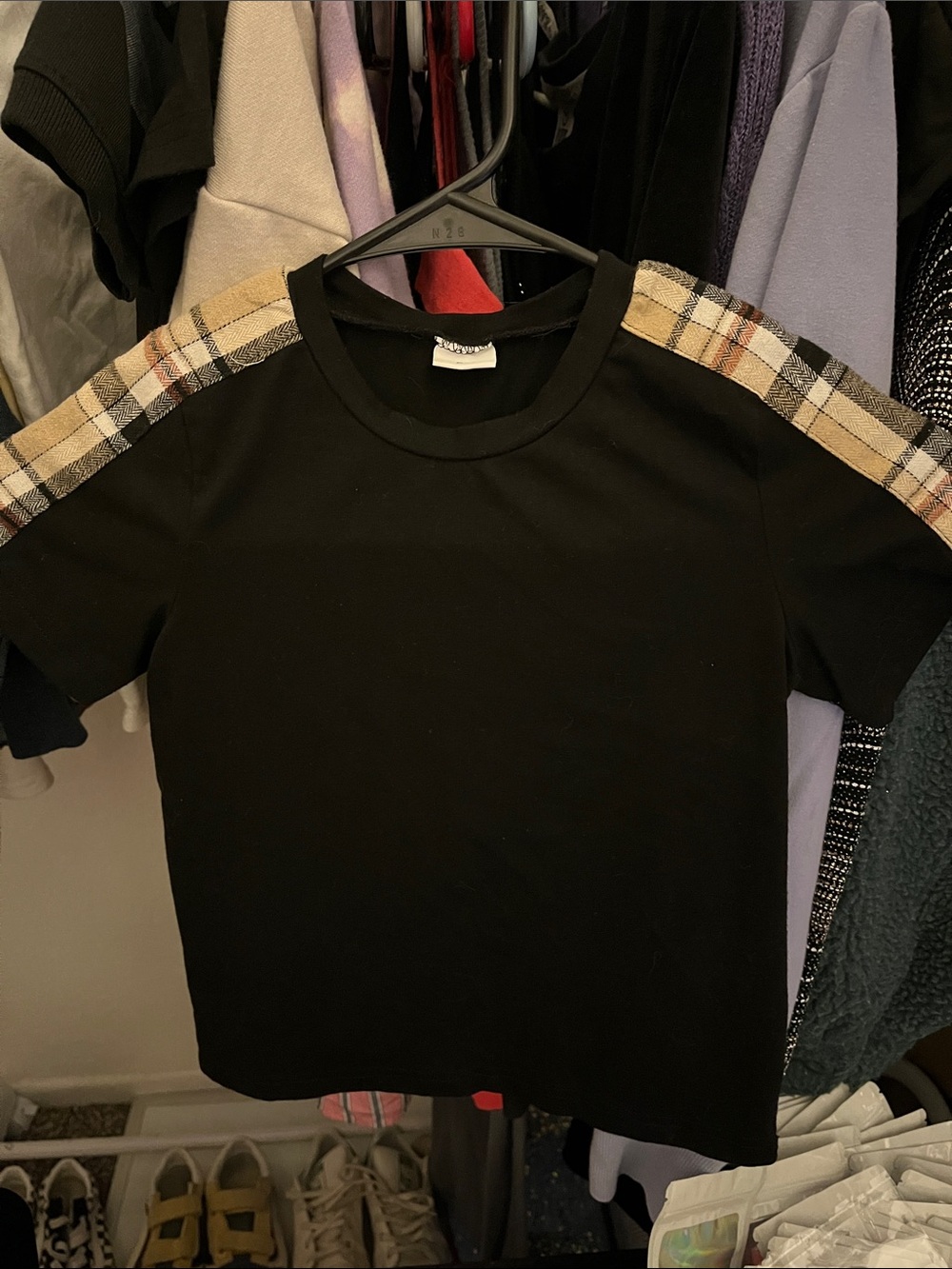 Black Tee with Beige Plaid Shoulder Stripes